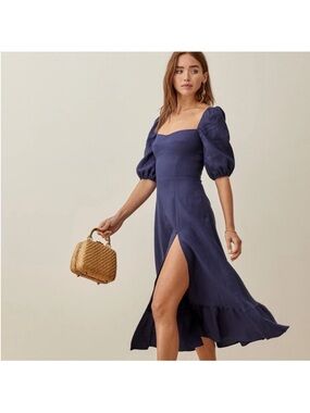 Reformation Danube Navy Puff-Sleeve Midi Dress with Front Slit